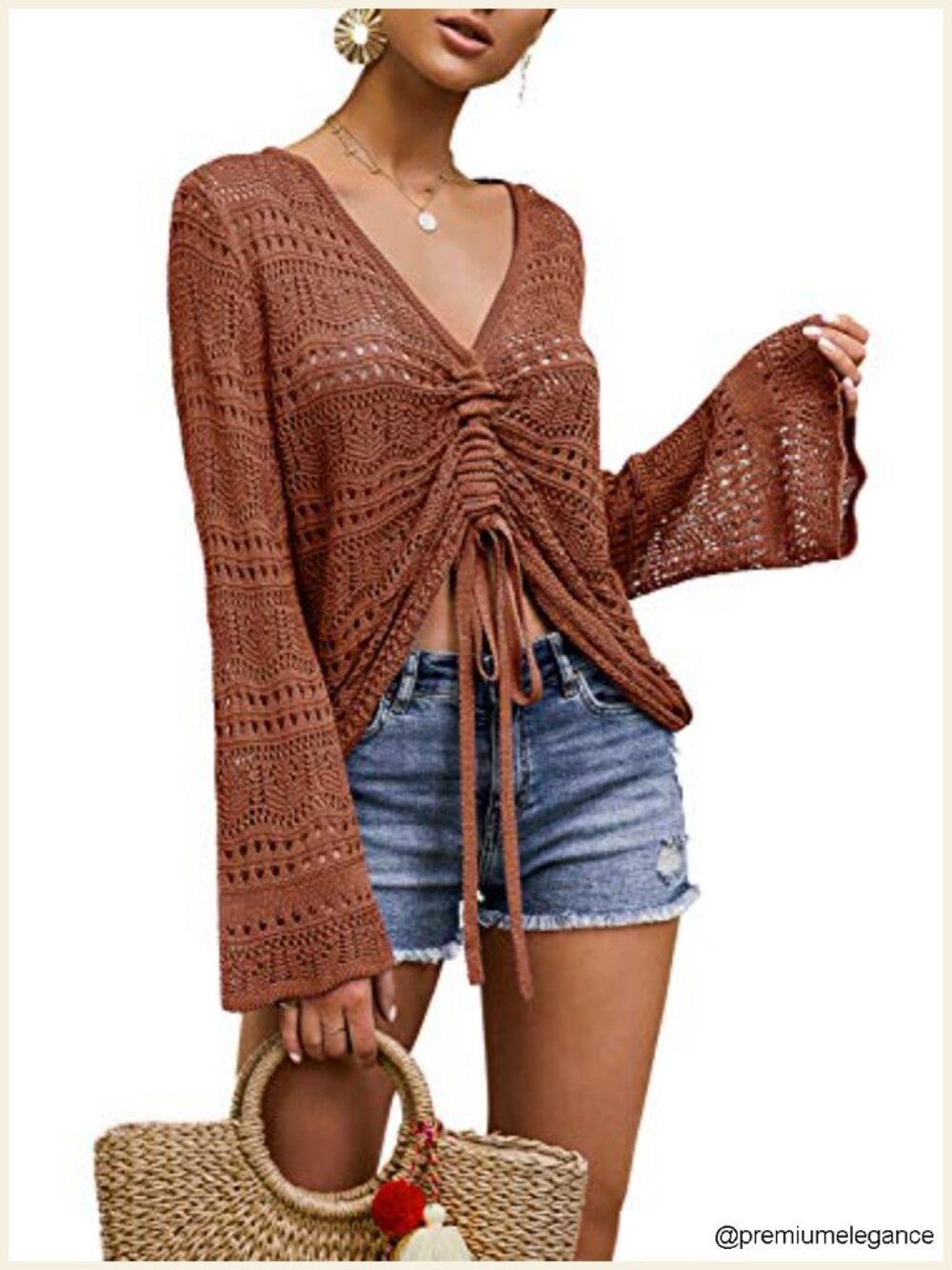 Off Shoulder Sheer Crop Top Bell Sleeve Flowy Oversized Crochet Pullover Sweater